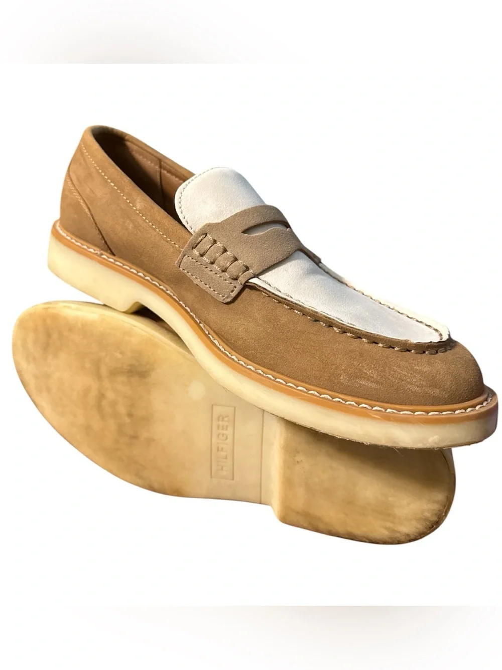 Tommy Hilfiger Sector Two-Tone Suede Penny Loafers - Tan & Cream Sz 9.5